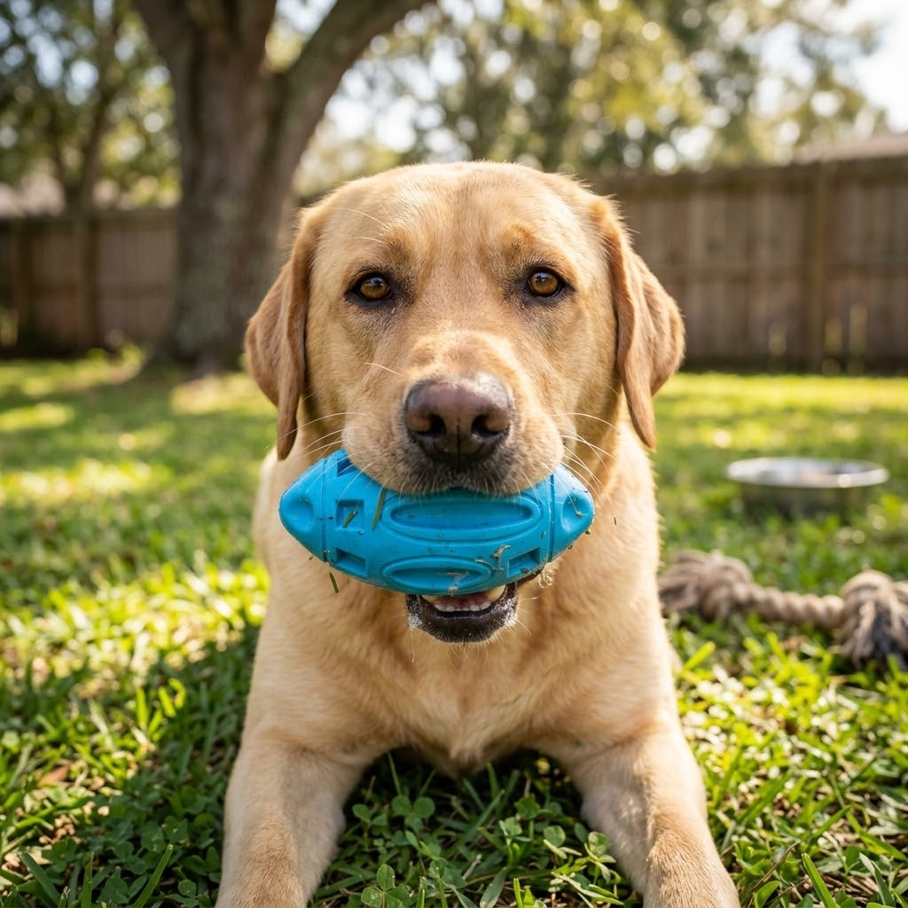 Labrador lying on the lawn holding the blue PawLab rugby chew toy