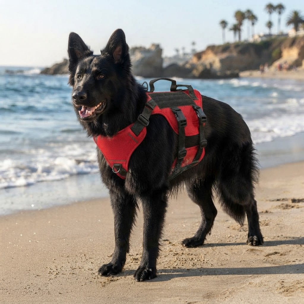 Black dog wearing a red PawLab harness on a beach walk
