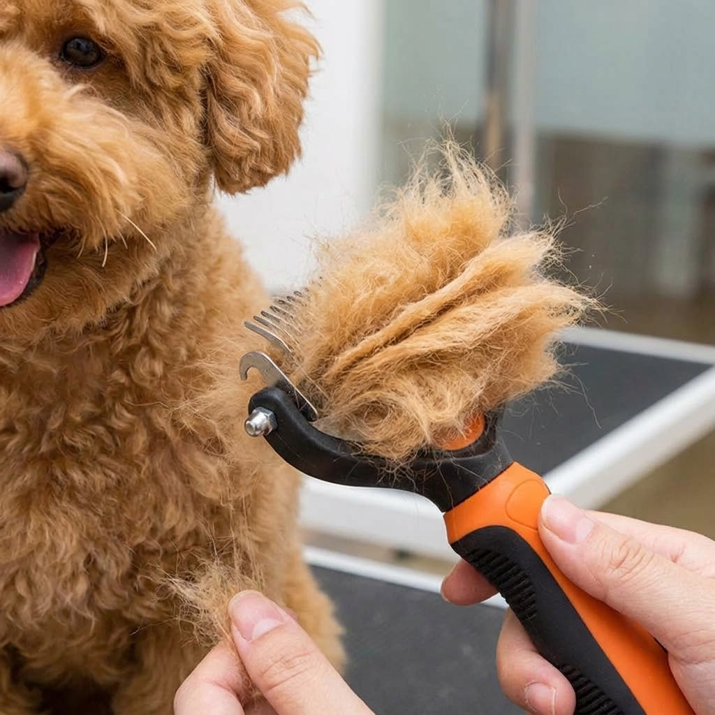 Happy dog being deshedded with the PawLab grooming brush